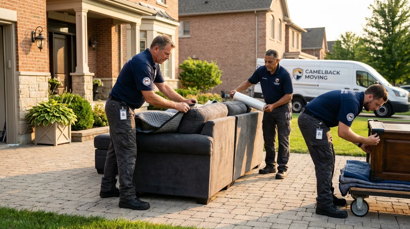 Large estate moving crew wrapping furniture in Wayland, MA