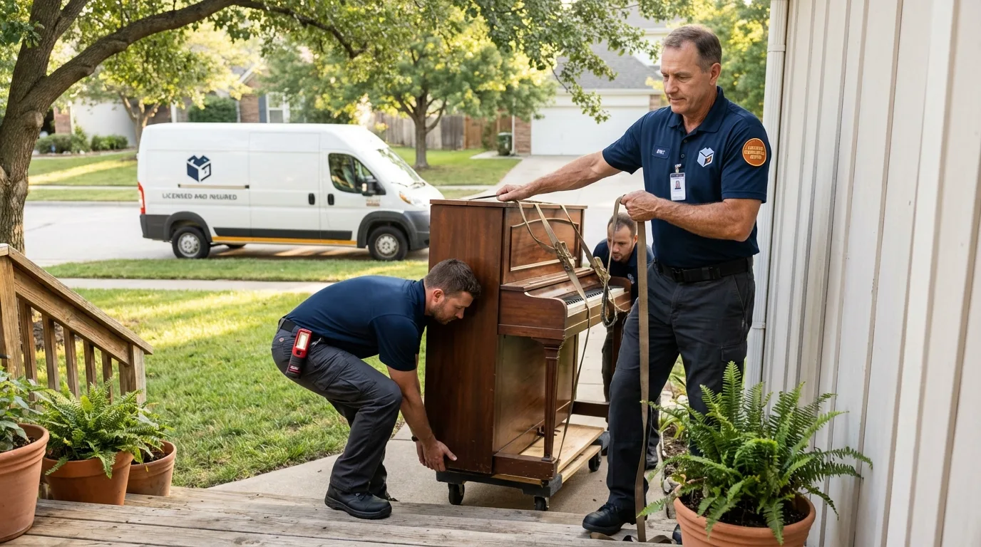 Licensed piano movers securing grand piano in Wayland, MA