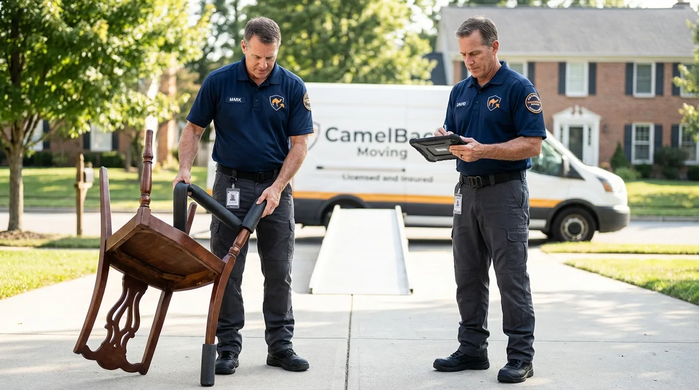 Movers inspecting furniture for damage prevention before loading in Wayland, MA