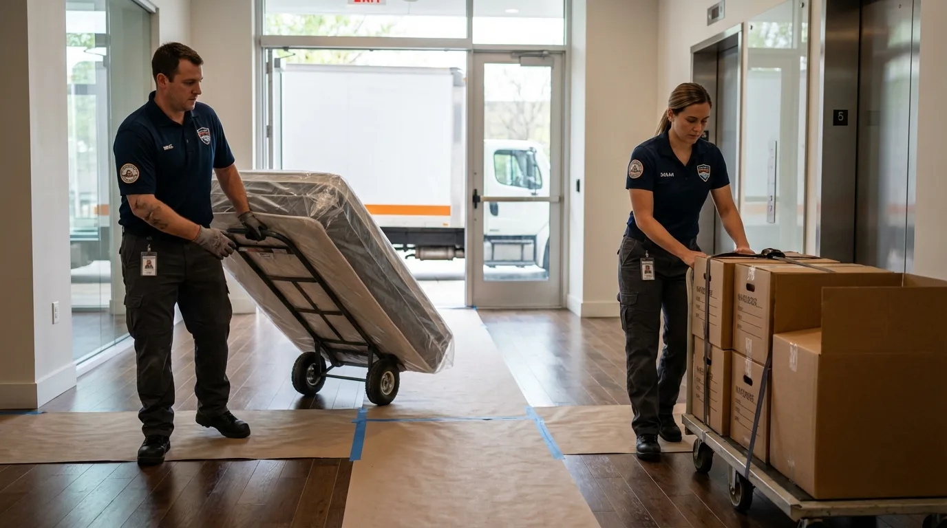 Professional apartment movers loading elevator in Wayland, MA