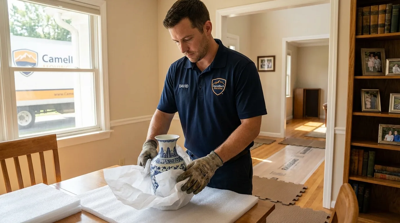 Professional crew carefully wrapping antique vase for senior downsizing move in Wayland, MA